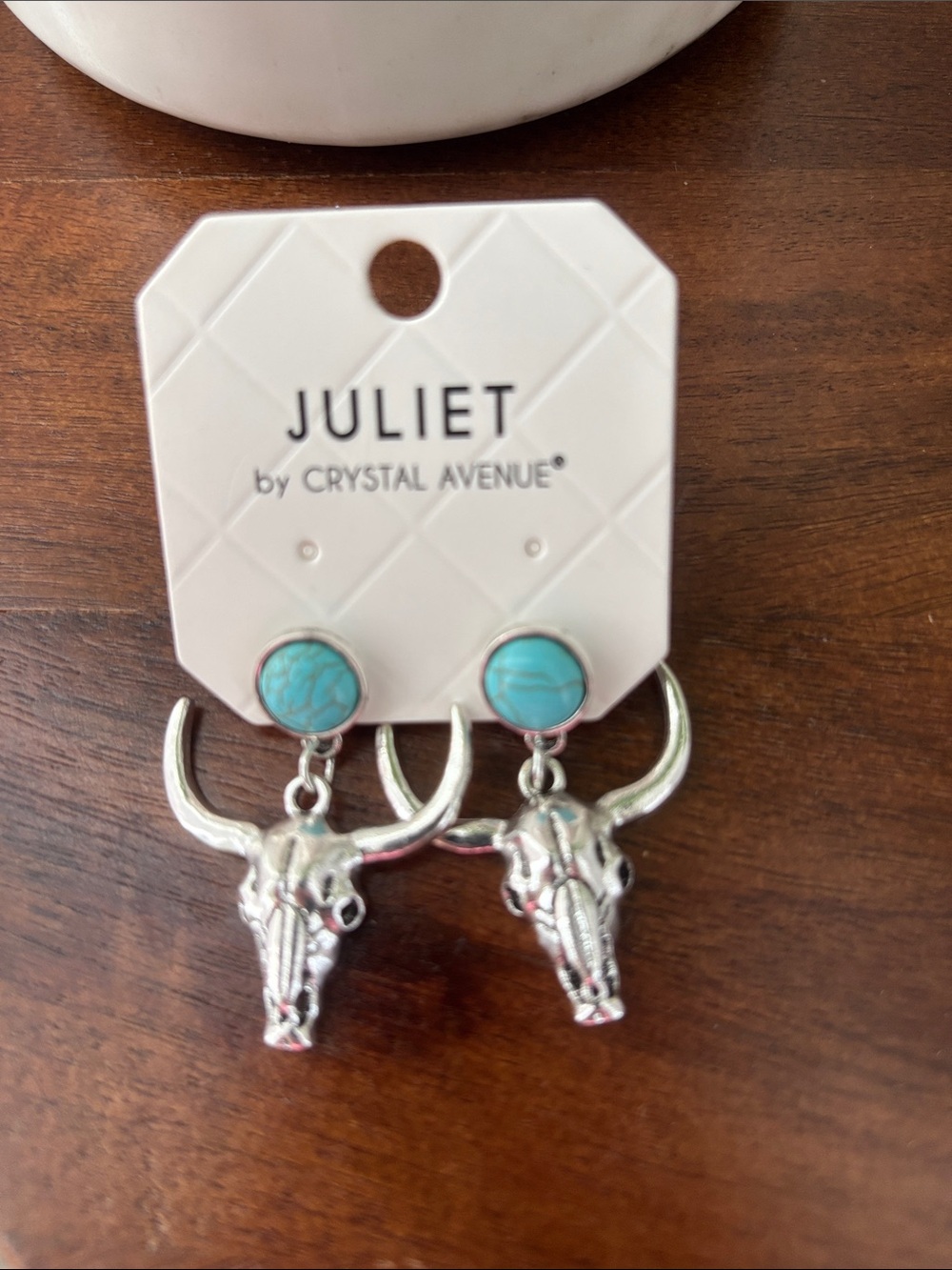 Juliet Bullhead Skull,faux turquoise stones in bezel, dangle post,Western